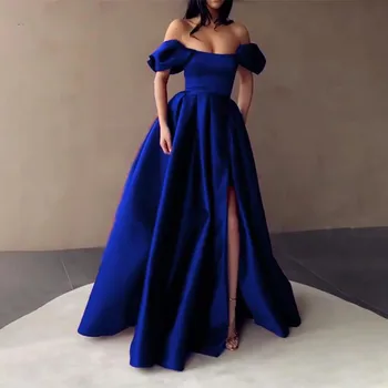 Vinca Saulėtas Royal Mėlyna Satino Prom Dresses Stebėjimo Off Peties Padalinta Vakaro Suknelės 2023 Plisuotos-Line Ilgai Oficialią Chalatai