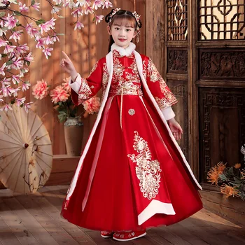 Rudenį, Žiemą Naujas Storas Šiltas Merginoms Retro Hanfu Qipao Kinų Stiliaus Princesė Sijonas Naujųjų Metų Sveikinimo Vestido Raudona Cheongsam Suknelė