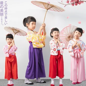 Japonų Mados 2-8 Metų amžiaus mergytę ilgomis rankovėmis Kimono Kostiumas Šokio Spektaklis Japonų Kimono Viršus Dviejų dalių Kelnės