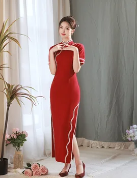 Elegantiškas Moteris, Kinijos Suknelės, Seksuali Vientisa Spalva Qipao Derliaus Mandarinų Apykaklės Siuvinėjimas, Aplikacijos Satino Cheongsam