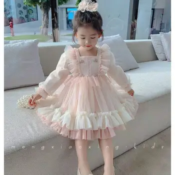 Naujas mergaičių suknelė Vasaros vaikų spausdinti princesė dress Bamblys kūdikių nėrinių suknelė 1-9Y vaikų drabužiai princesė suknelė