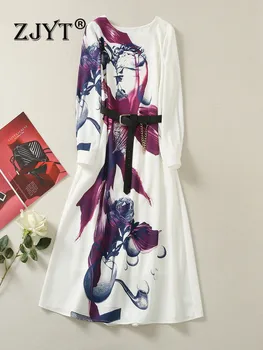 ZJYT Mados kilimo ir tūpimo Tako Abstrakčiai Spausdinti Rudenį Suknelė ilgomis Rankovėmis Moterims, Elegantiškas Midi Derliaus Vestidos Atsitiktinis Balta Aline Skraiste Femme