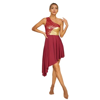 2023 Moterų Mados Vienos Pečių Nėrinių Kratinys Pagirti Šokių Suknelė Kontrasto Spalvų Asimetriškas Hem Be Rankovių Suknelės Dancewear