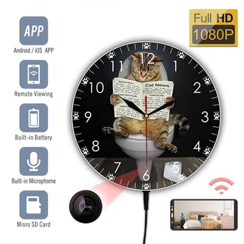 Kitty Ant Tualeto Skaityti Kačių Naujienos Kamera Sienos Laikrodį, Skirtą Kambarį Namuose Saugumo Dekoro Kačiukas Laikraštis HD 1080P WIFI Sieninis Laikrodis