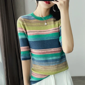 Korėjos Versija Vasaros Vaivorykštė Dryžuotas Megztinis Marškinėliai Moterims Rudens Pradžioje 2023 Naujųjų Slim Trumparankoviai Vakarų-St