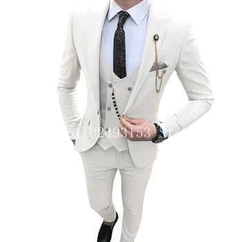 Balta Slim Fit Vyrų Kostiumai Weddding 3 Gabalus Oficialų Elegantiškas Nuotaka Grooom Dėvėti Kostiumai Komplektas (Švarkas+Liemenė+Kelnės) Kostiumas Homme