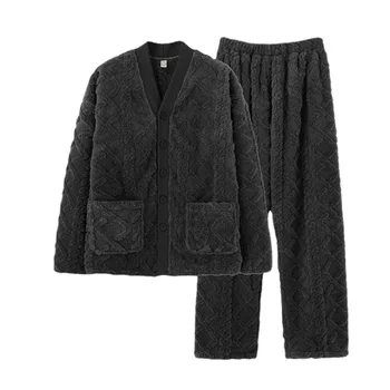 Vyriška Pižama Žiemą ir Rudenį Caroset ilgomis rankovėmis Kelnės Flanelė Šiltas Kombinezonas V-kaklo Namuose Dėvėti 2-piece Mens Sleepwear Rinkinys